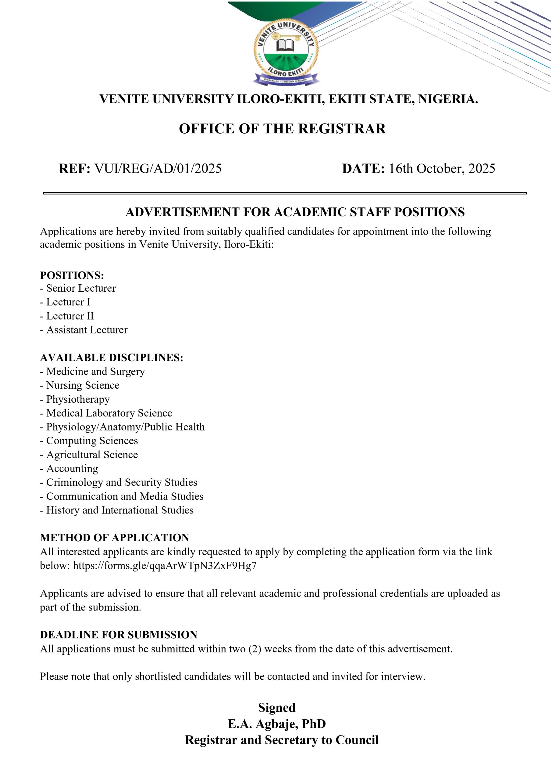 JOB VACANCY: ADVERTISEMENT FOR ACADEMIC STAFF POSITIONS