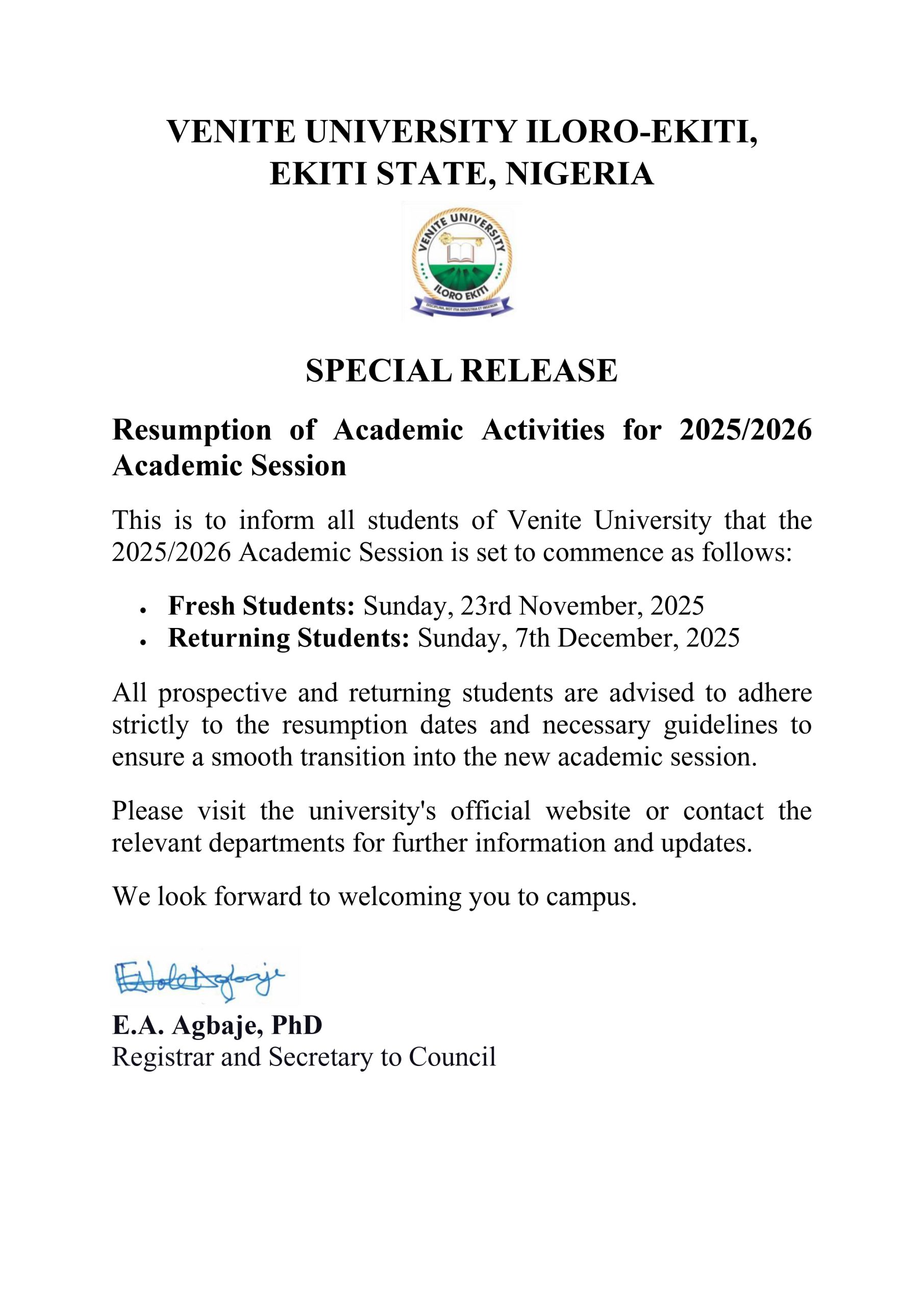 Venite University Announces Resumption Dates for 2025/2026 Academic Session