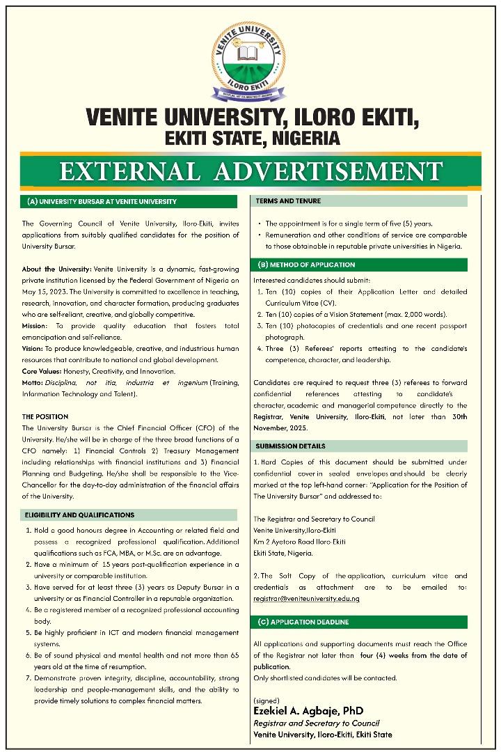 Venite University External Advertisement for Bursar